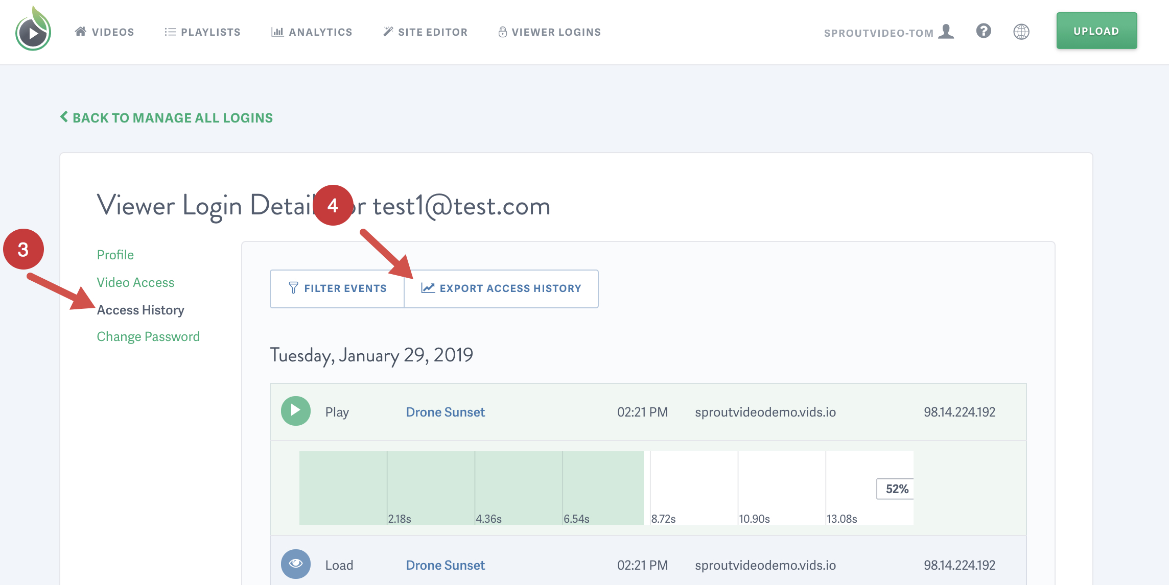 Generate Video Access History for a Single Viewer Login