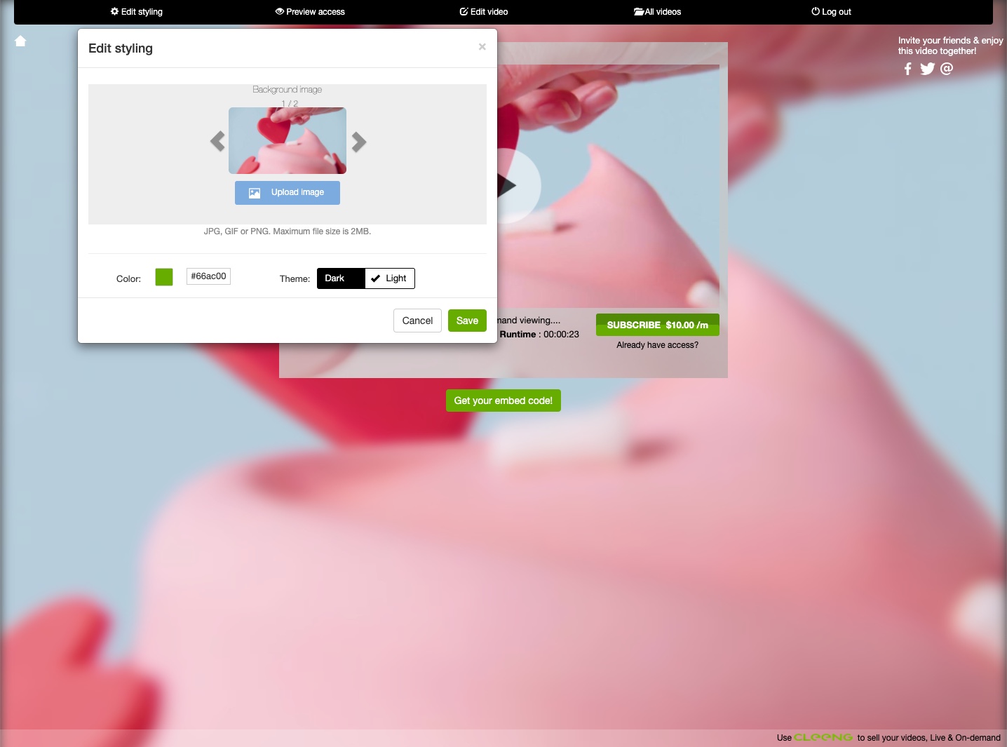 edit the styling for your video in Cleeng