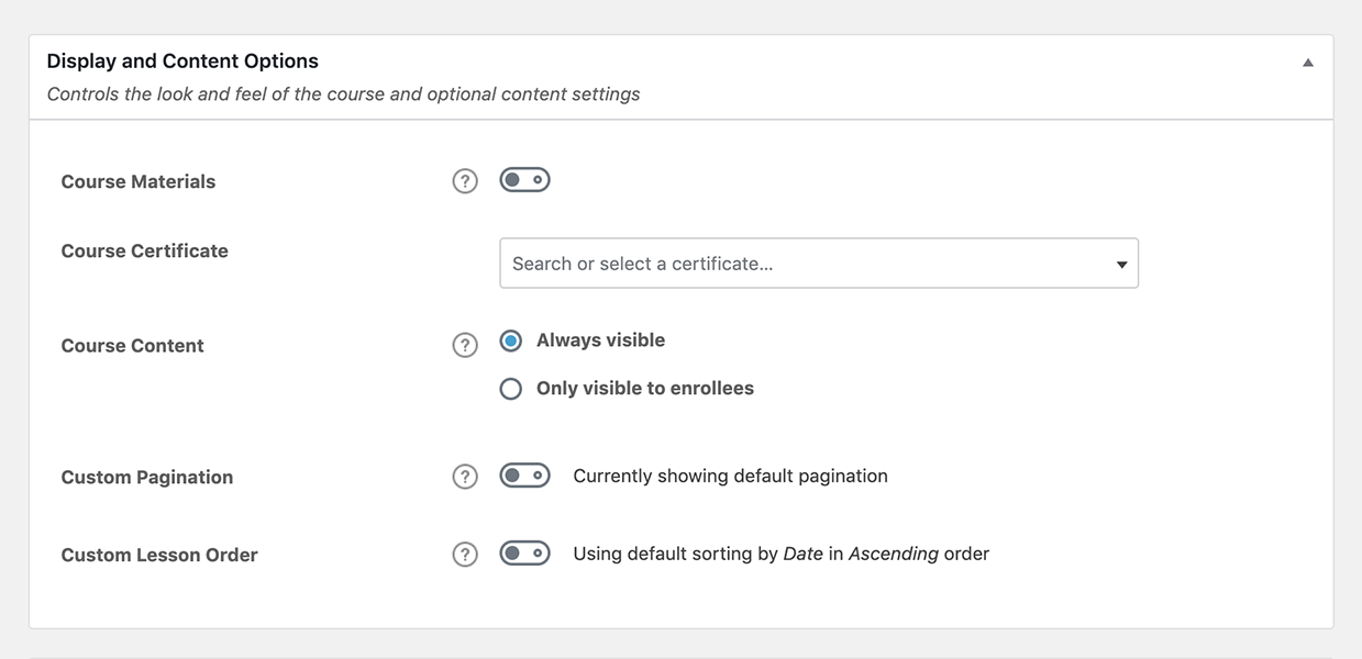 Display and Content Options for Courses in LearnDash