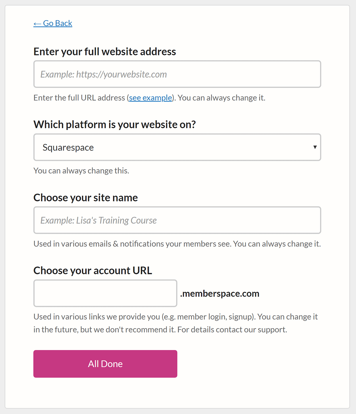 enter website details in MemberSpace