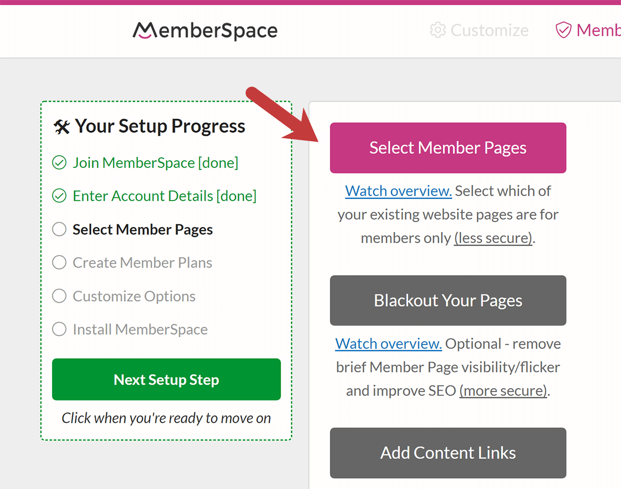 select pages to protect with MemberSpace