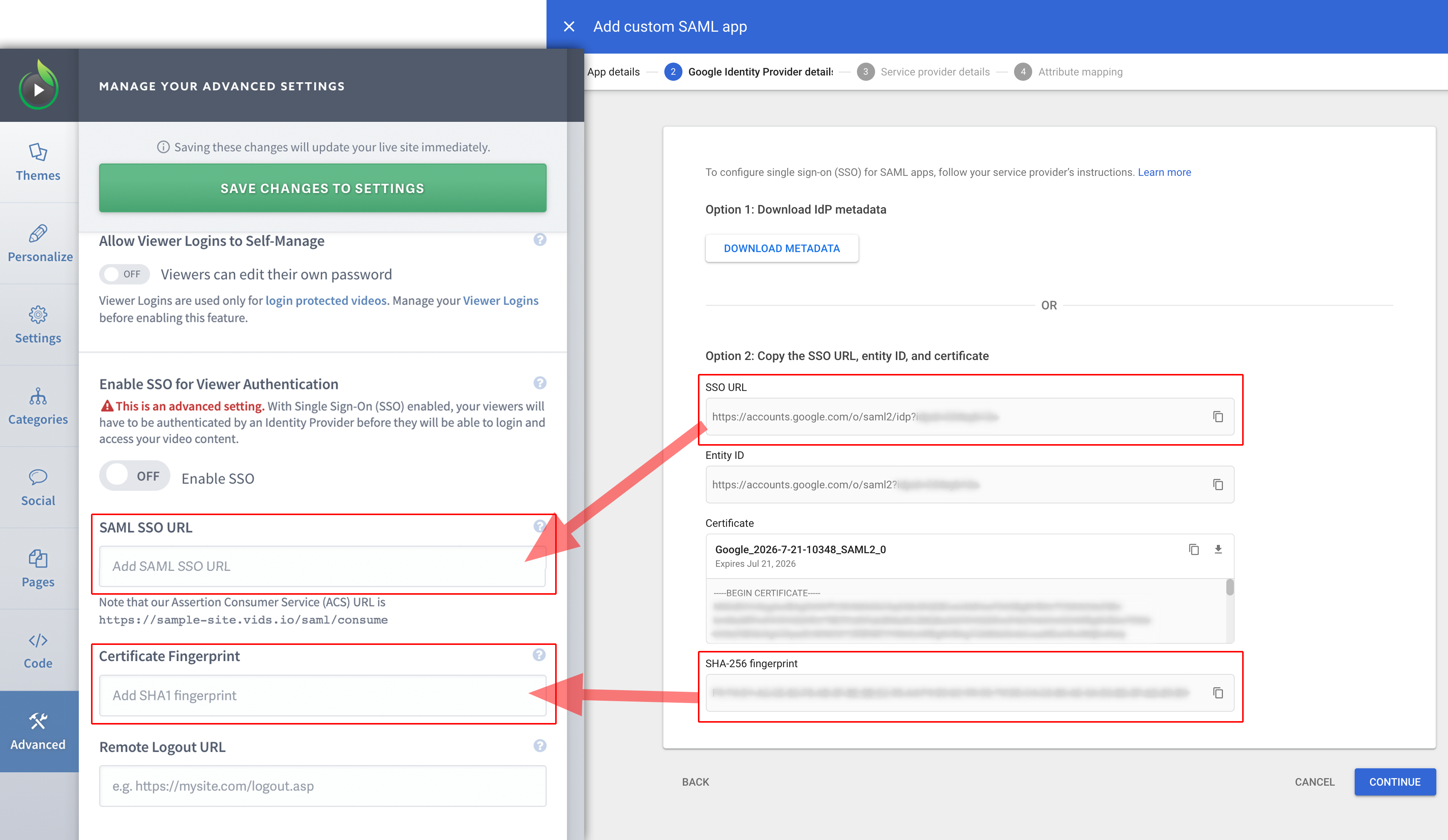 Copy Google Identity Provider details into SproutVideo advanced website settings