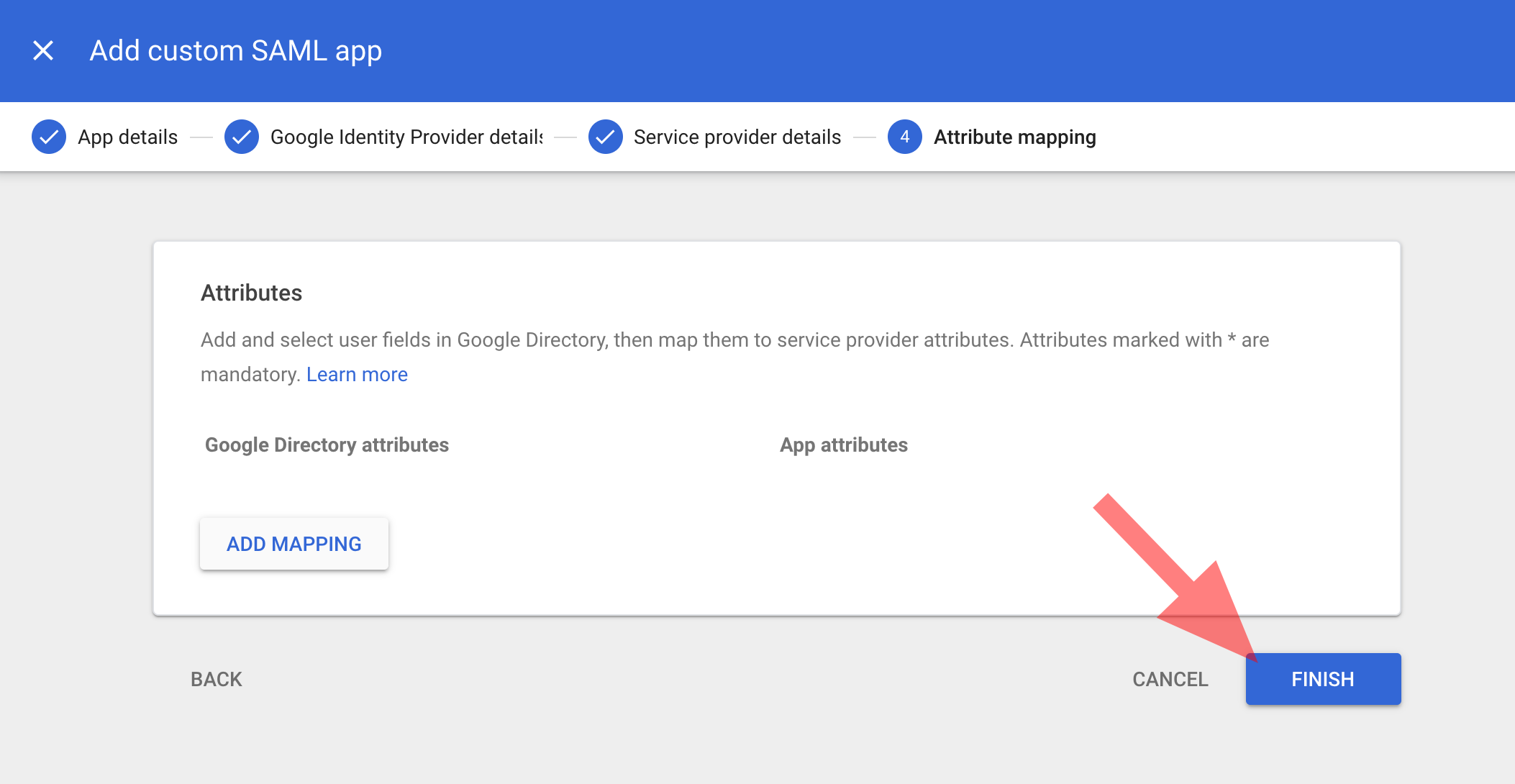 Save and finish creating SAML app in Google Admin