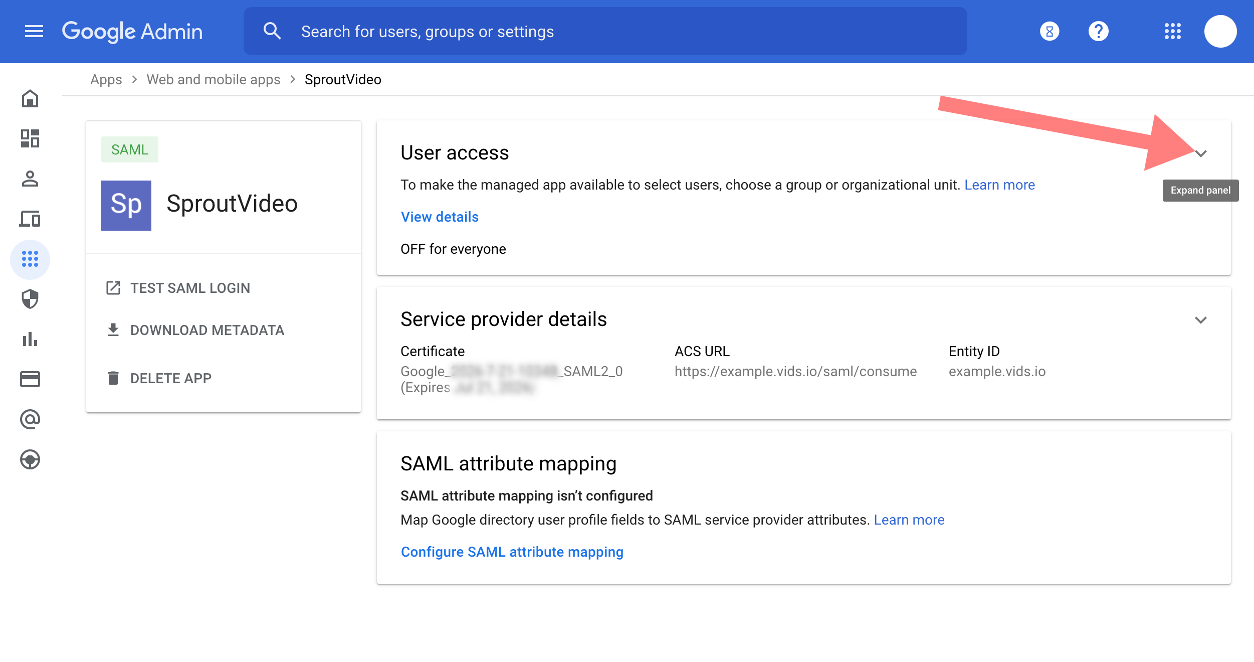 Expand user access panel in Google Admin