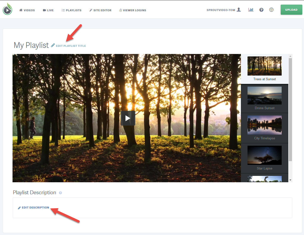Click the pen icon to edit the title or description of a playlist hosted on SproutVideo
