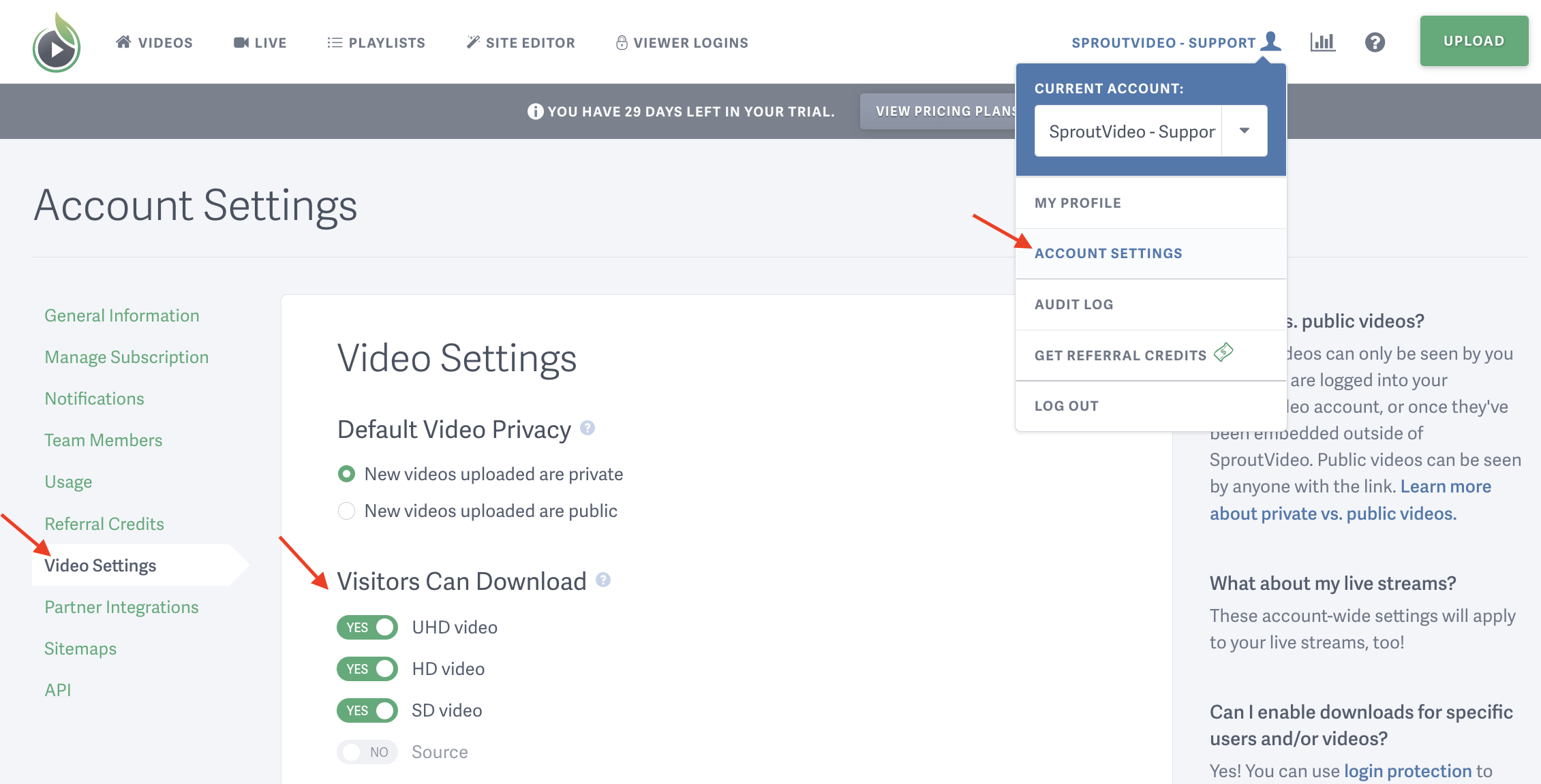 Visitor Download Settings for videos hosted on SproutVideo