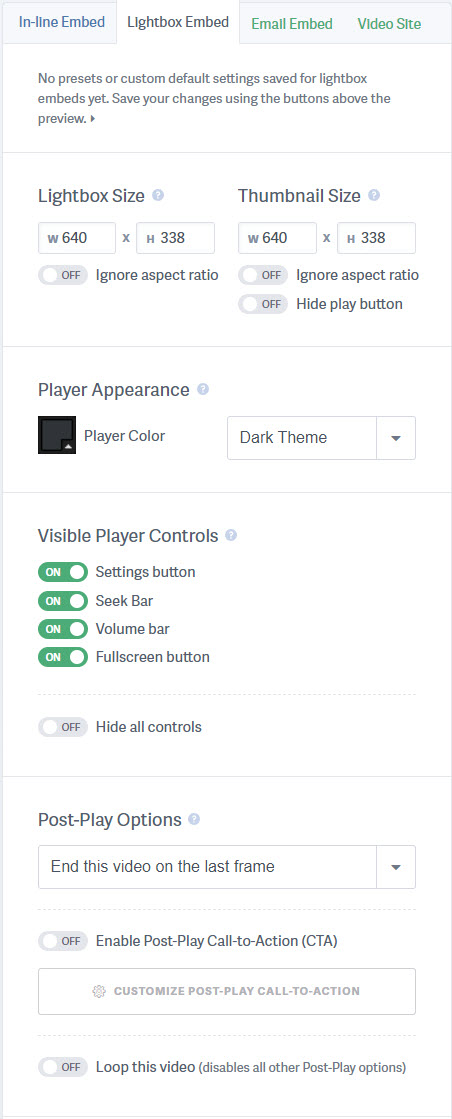 customization options for lightbox embed codes