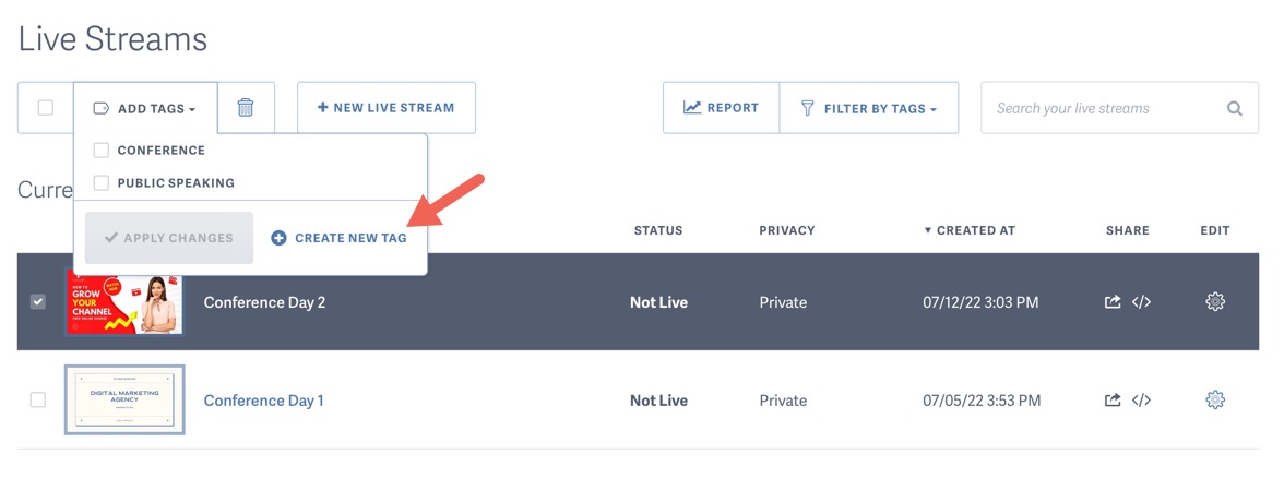 Create New Live Stream Tag