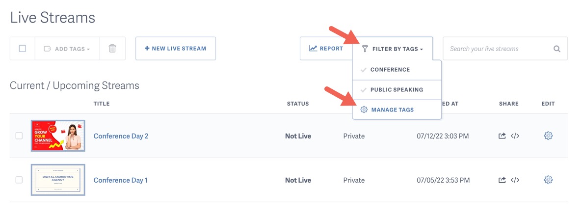 Manage Live Stream Tags