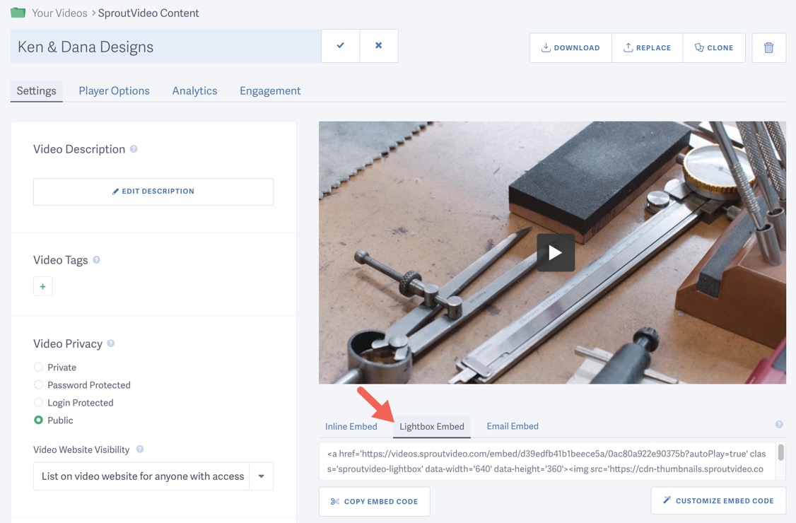 copy the Lightbox Embed Code for your video hosted on SproutVideo