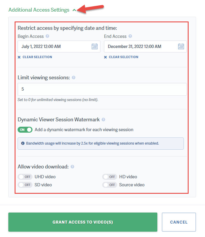Set video login access to expire or configure video downloading permissions