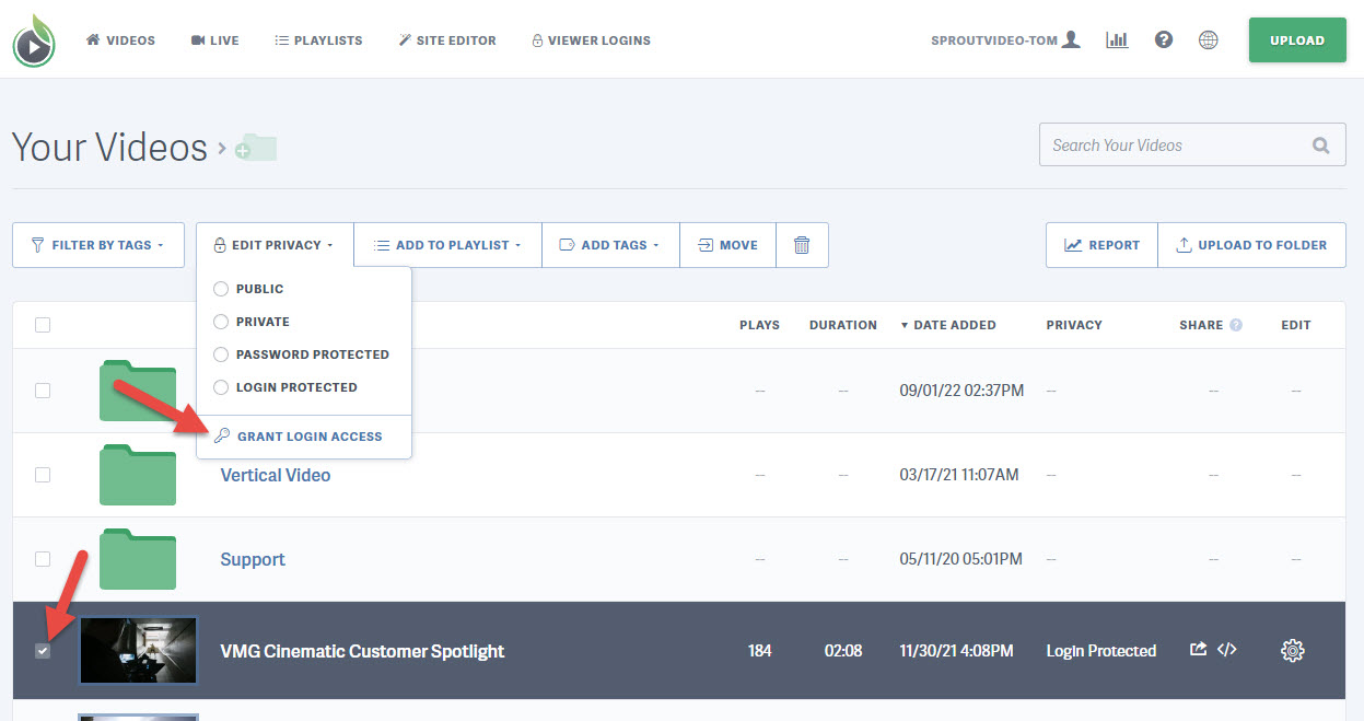 Select a video and Grant Login Access