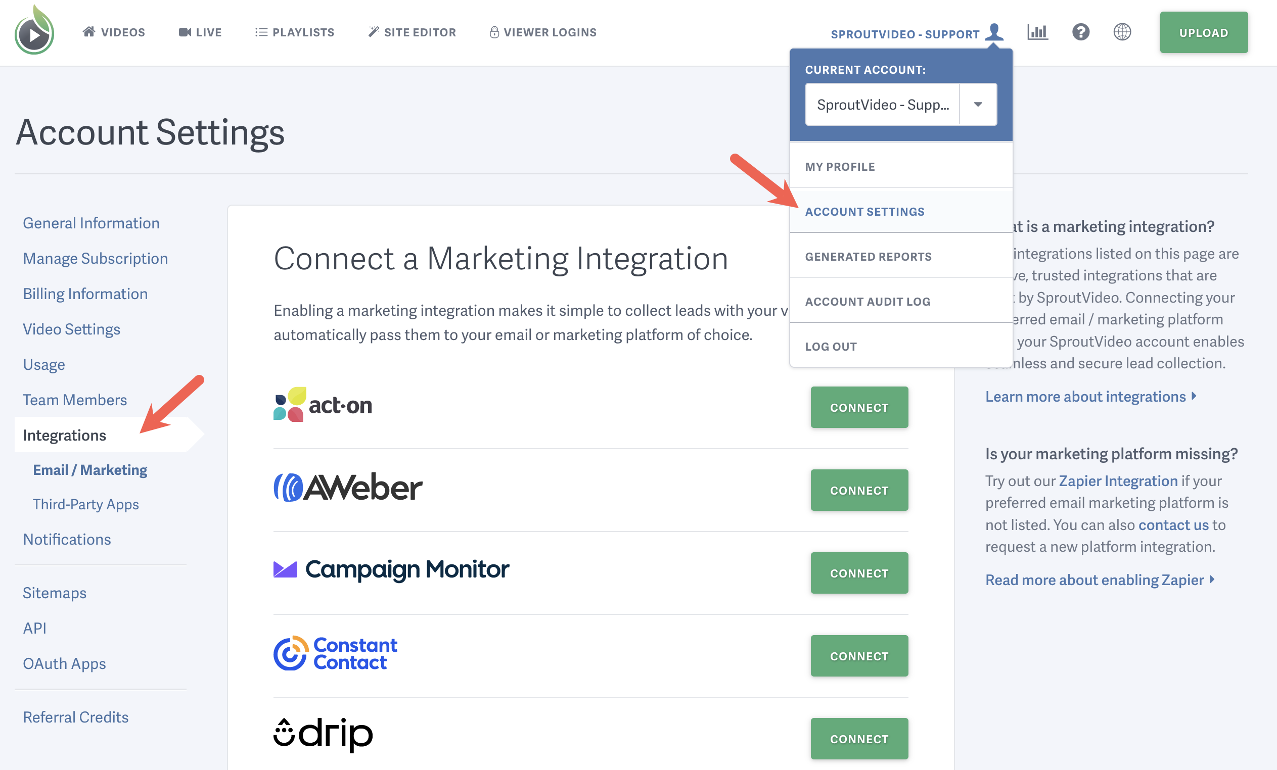 Email and Marketing Automation Integrations for SproutVideo Accountholders