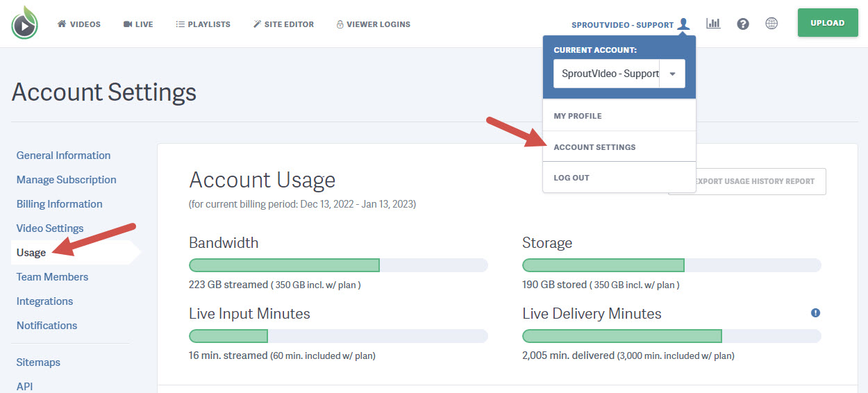 SproutVideo account usage