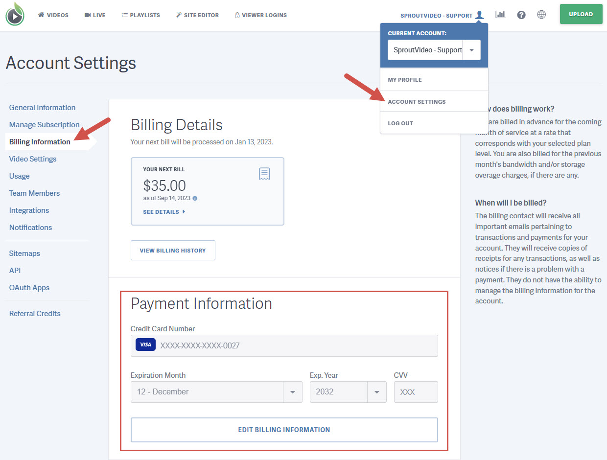 Update the billing information for your SproutVideo video hosting account