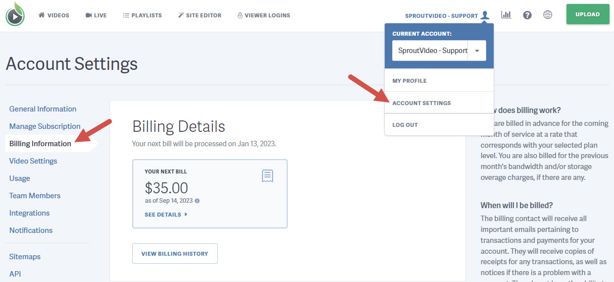 Access your billing information for your SproutVideo video hosting account