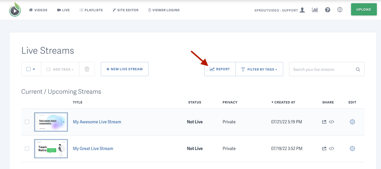 live stream report button for SproutVideo