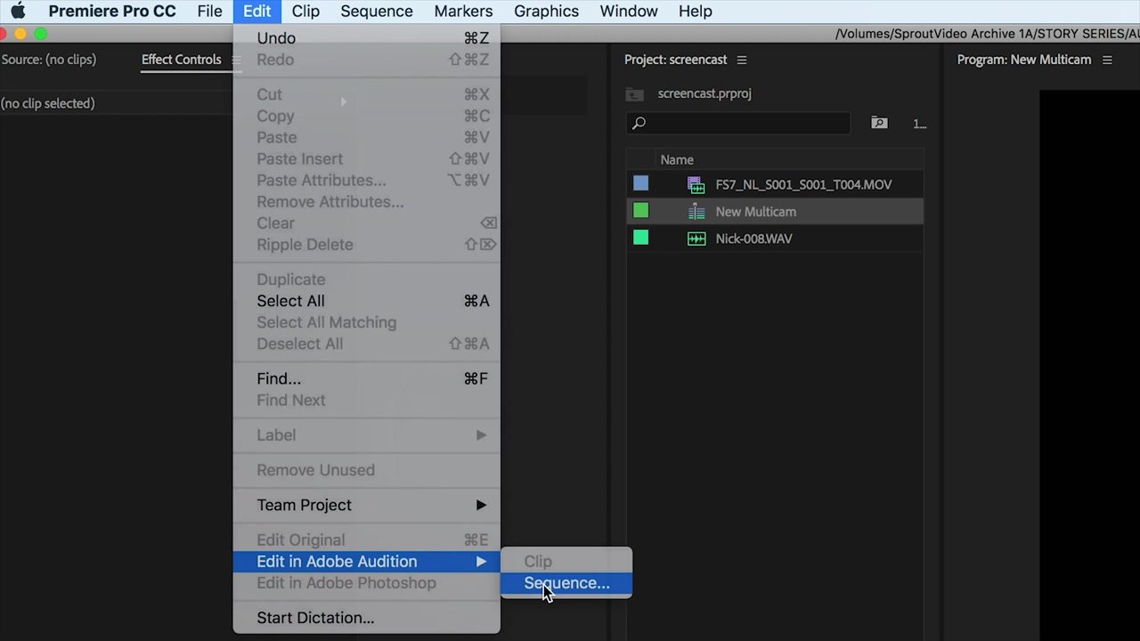 Select Sequence in adobe audition for audio editing